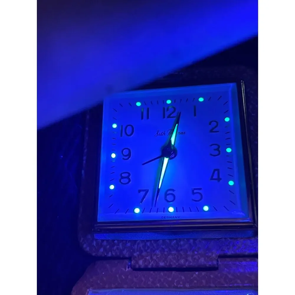 Vintage Seth Thomas 966 Traveling 30hr Alarm Clock Luminous Leather Case Germany